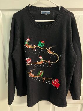 Karen Scott Black Crewneck Sweater with Festive Reindeer, Gifts and Sleigh